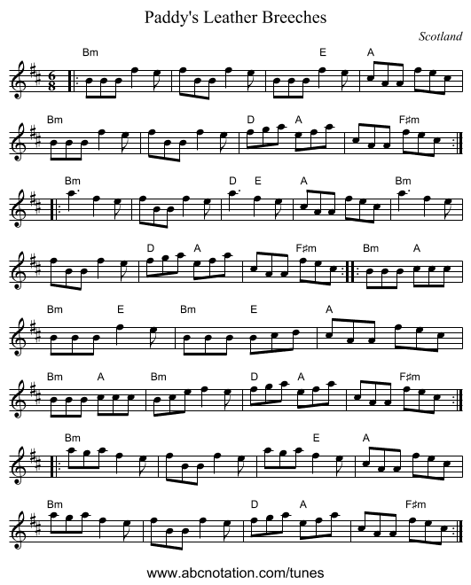 Paddy's Leather Breeches - staff notation