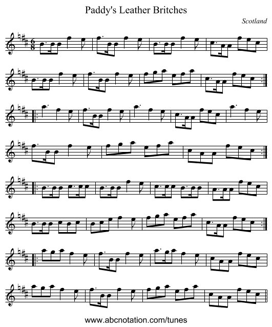 Paddy's Leather Britches - staff notation