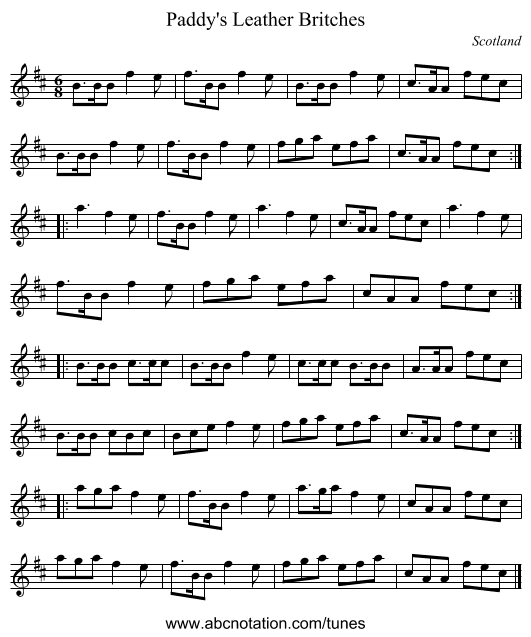 Paddy's Leather Britches - staff notation