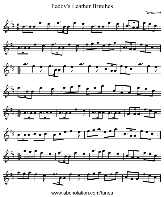 Paddy's Leather Britches - staff notation