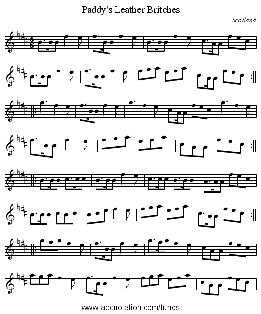 Paddy's Leather Britches - staff notation