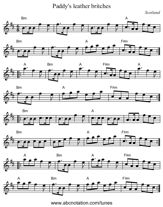 Paddy's leather britches - staff notation