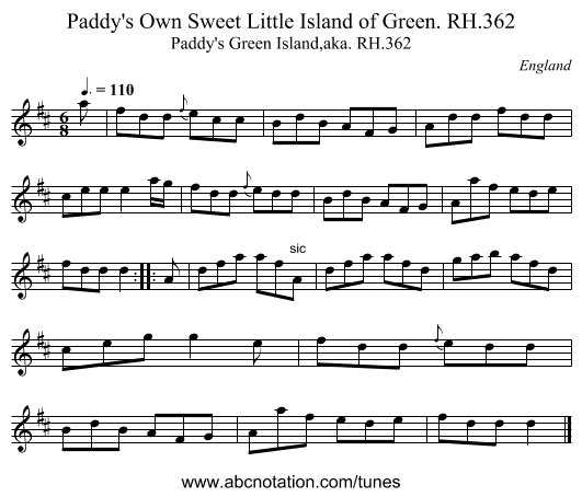 Paddy's Own Sweet Little Island of Green. RH.362 - staff notation