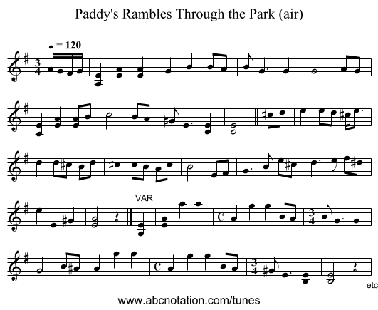 Paddy's Rambles Through the Park (air) - staff notation