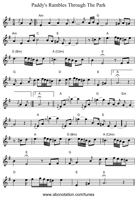 Paddy's Rambles Through The Park - staff notation