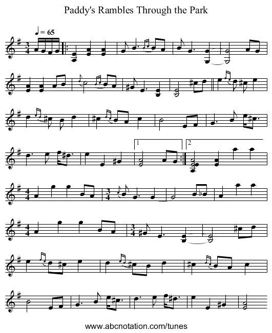 Paddy's Rambles Through the Park - staff notation