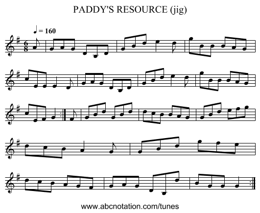 PADDY'S RESOURCE (jig) - staff notation