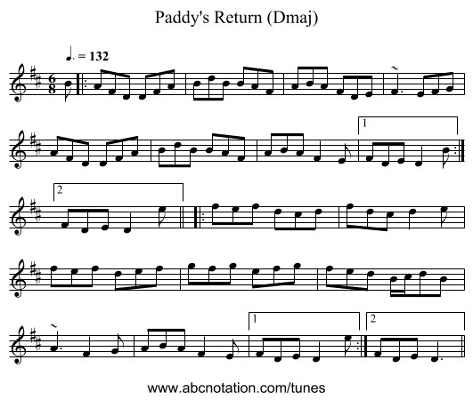 Paddy's Return (Dmaj) - staff notation