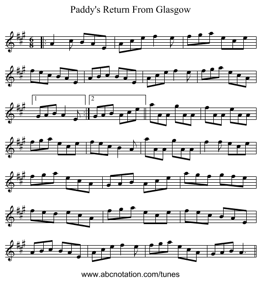 Paddy's Return From Glasgow - staff notation