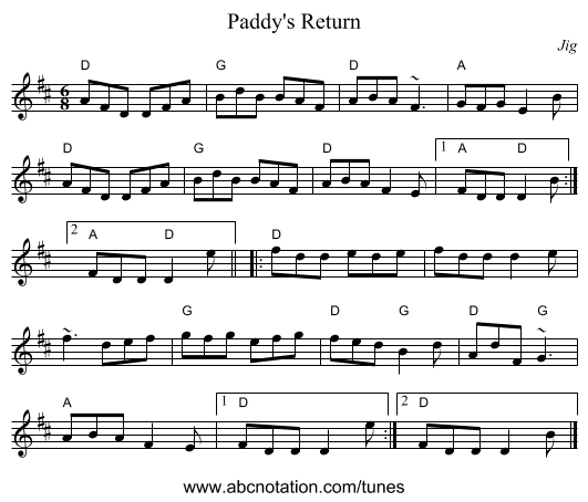 Paddy's Return - staff notation