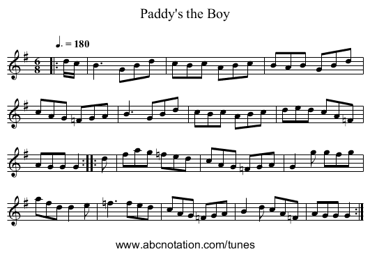 Paddy's the Boy - staff notation