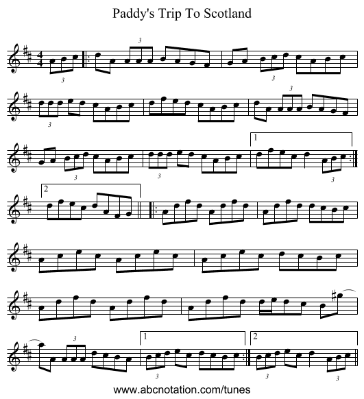 Paddy's Trip To Scotland - staff notation