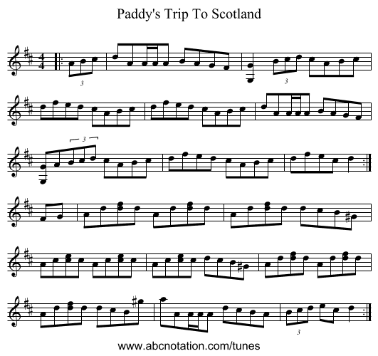 Paddy's Trip To Scotland - staff notation