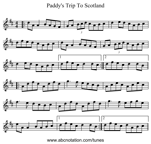 Paddy's Trip To Scotland - staff notation