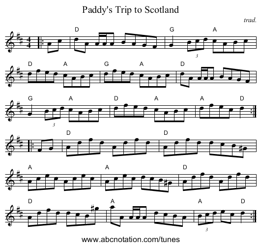 Paddy's Trip to Scotland - staff notation