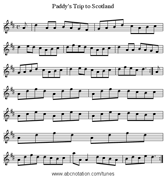 Paddy's Trip to Scotland - staff notation