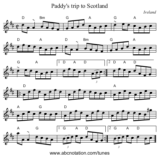 Paddy's trip to Scotland - staff notation