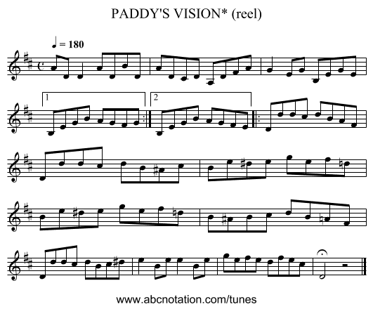 PADDY'S VISION* (reel) - staff notation