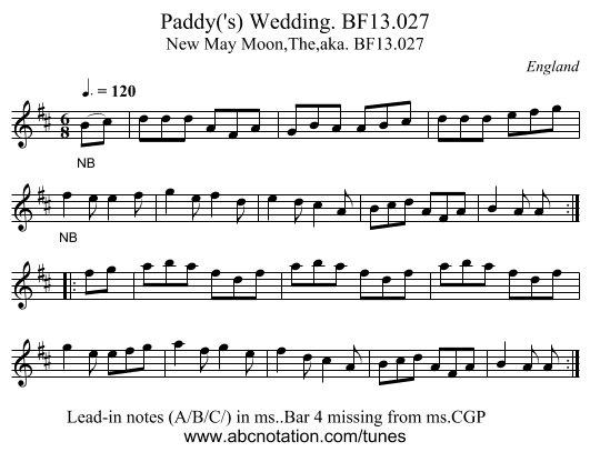 Paddy('s) Wedding. BF13.027 - staff notation