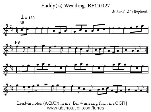 Paddy('s) Wedding. BF13.027 - staff notation