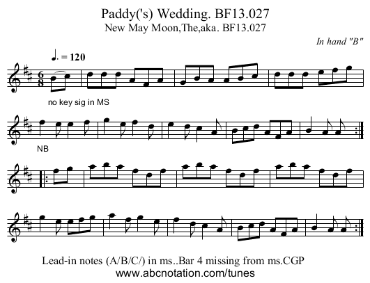 Paddy('s) Wedding. BF13.027 - staff notation