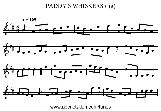 PADDY'S WHISKERS (jig) - staff notation