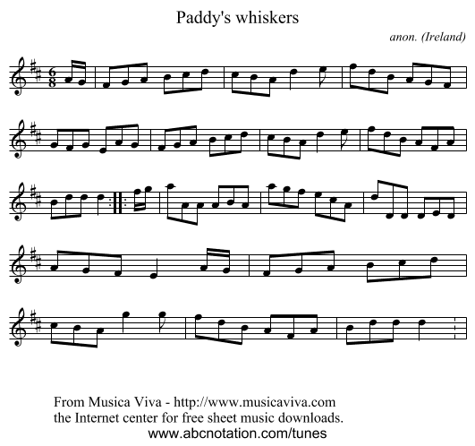 Paddy's whiskers - staff notation