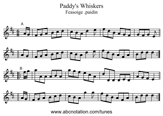 Paddy's Whiskers - staff notation