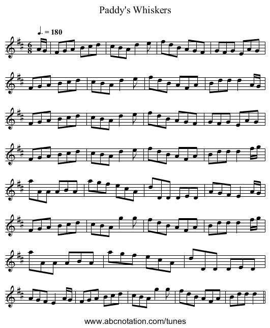 Paddy's Whiskers - staff notation