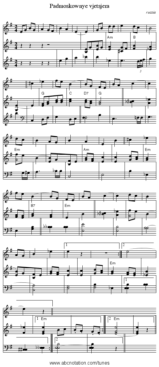 Padmoskownye vjetsjera - staff notation