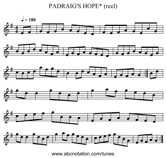 PADRAIG'S HOPE* (reel) - staff notation