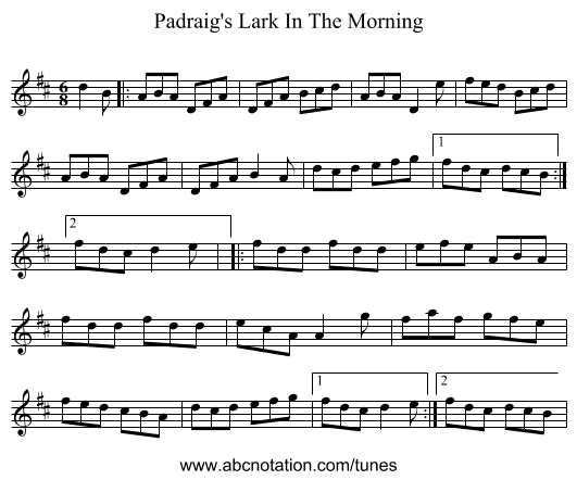 Padraig's Lark In The Morning - staff notation