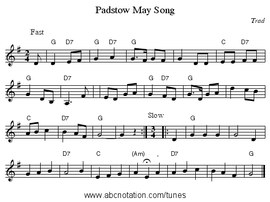 Padstow May Song - staff notation