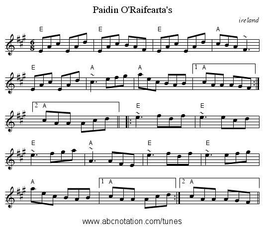 Paidin O'Raifearta's - staff notation
