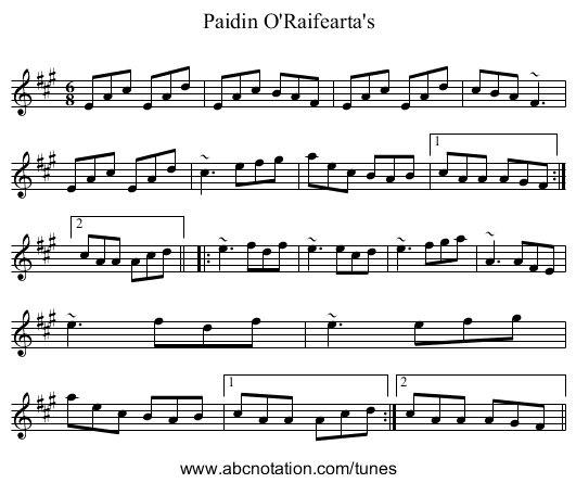 Paidin O'Raifearta's - staff notation