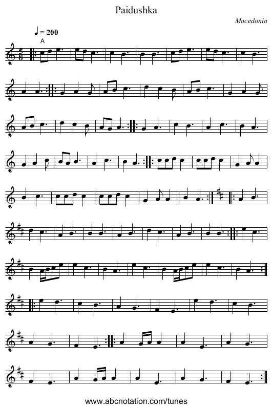 Paidushka - staff notation