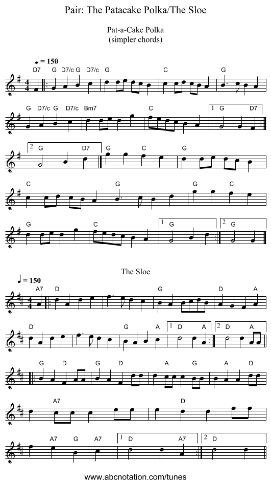 Pair: The Patacake Polka/The Sloe - staff notation