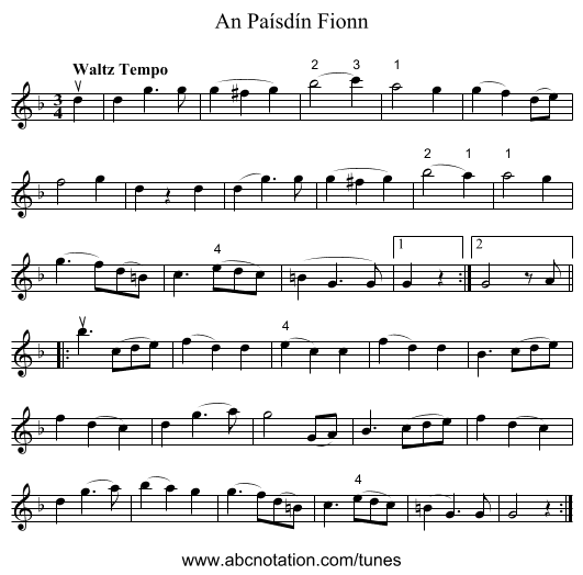 Paísdín Fionn, An - staff notation