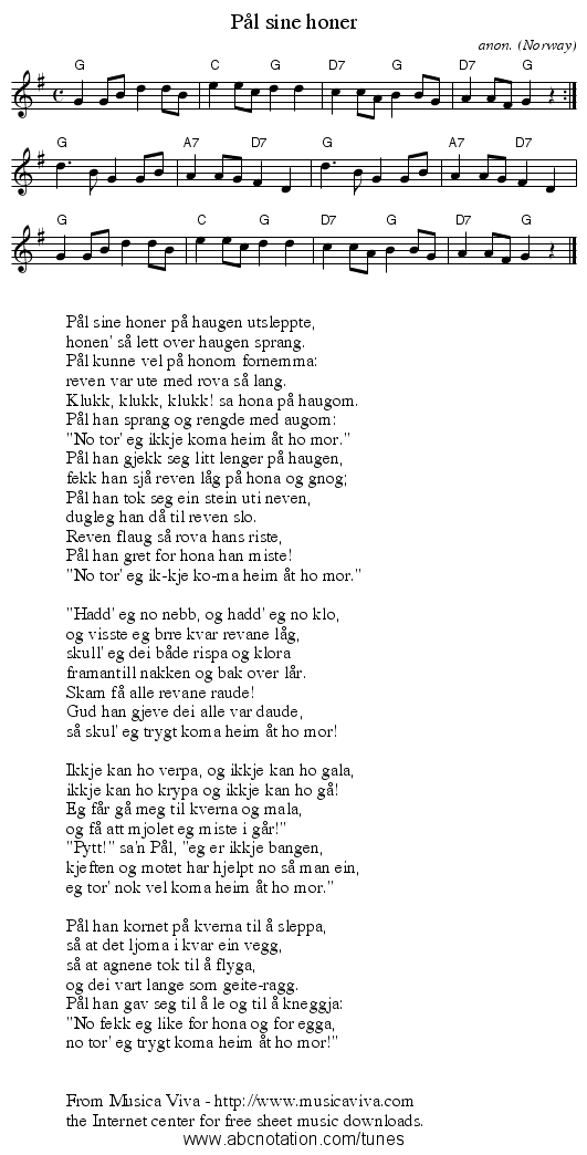 P&aring;l sine h&oslash;ner - staff notation