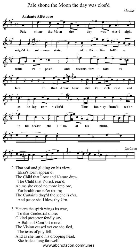 Pale shone the Moon the day was clos'd - staff notation