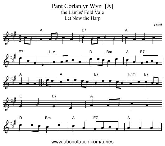 Pant Corlan yr Wyn  [A] - staff notation