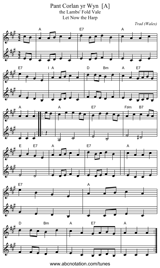 Pant Corlan yr Wyn  [A] - staff notation