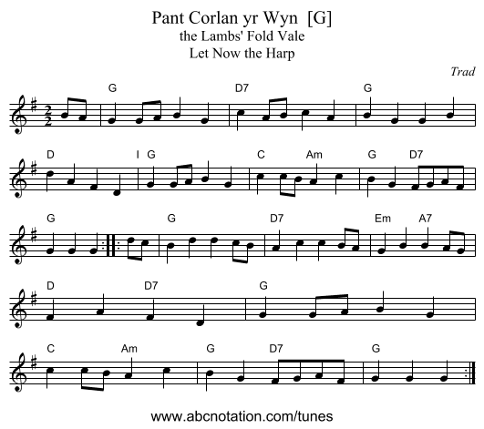 Pant Corlan yr Wyn  [G] - staff notation
