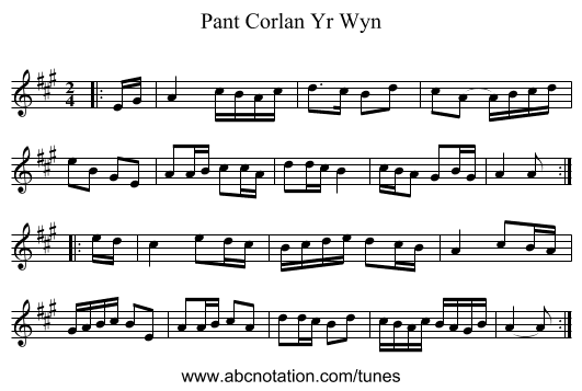 Pant Corlan Yr Wyn - staff notation