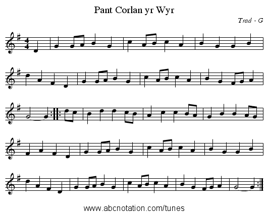 Pant Corlan yr Wyr - staff notation