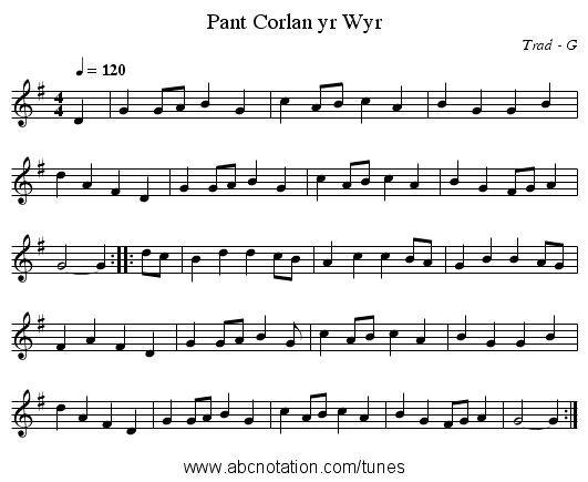 Pant Corlan yr Wyr - staff notation