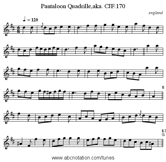 Pantaloon Quadrille,aka. CJF.170 - staff notation