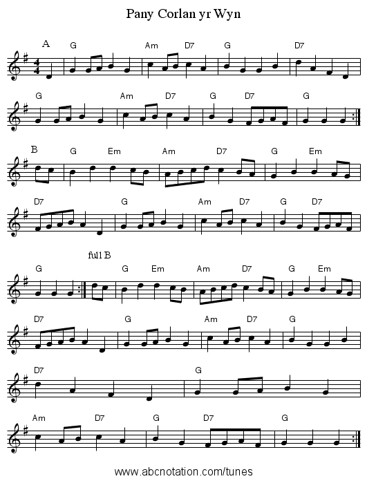 Pany Corlan yr Wyn - staff notation