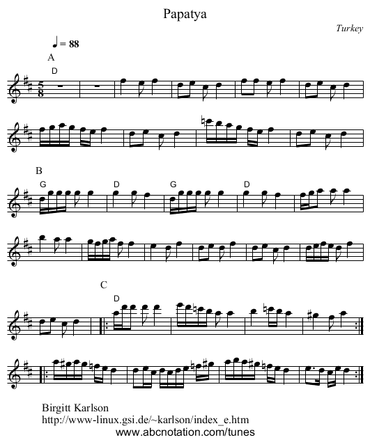 Papatya - staff notation