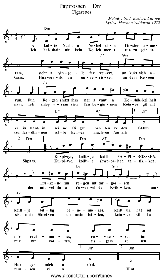 Papirossen   [Dm] - staff notation